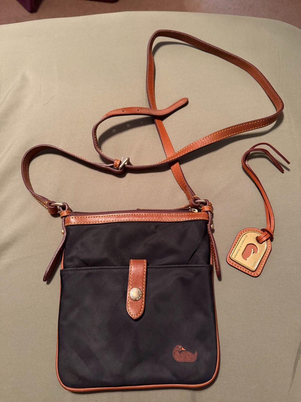Dooney & Bourke Black Nylon Crossbody with Brown Leather Trim and Brass Accents